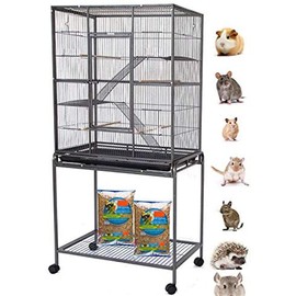 64" Extra Large Wrought Iron Chew Proof 4-Levels Ferret Chinchilla Sugar Glider Mice Rat Mouse Hamster Cage Narrow 1/2-Inch Bar Spacing Easy Clean Pull Out Tray with Detachable Rolling Stand