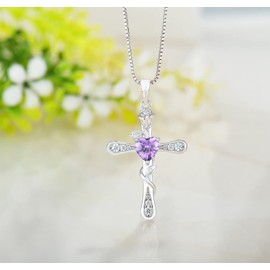 CARICY Cross Necklace 925 Sterling Silver Flower Heart Necklace February Amethyst Birthstone Necklace Jewelry for Women Christmas Birthday