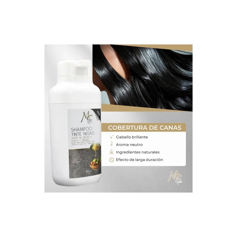 Shampoo Tinte Negro, Cobertura Canas, Aceite Argán. Mc Life