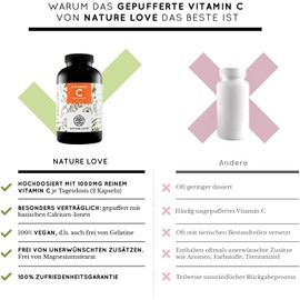 NATURE LOVE® Gepuffertes pflanzliches Vitamin C - Hochdosiert mit 1000mg Vitamin C je Tagesdosis - 365 Kapseln - pH-neutral & magenfreundlich - Vegan