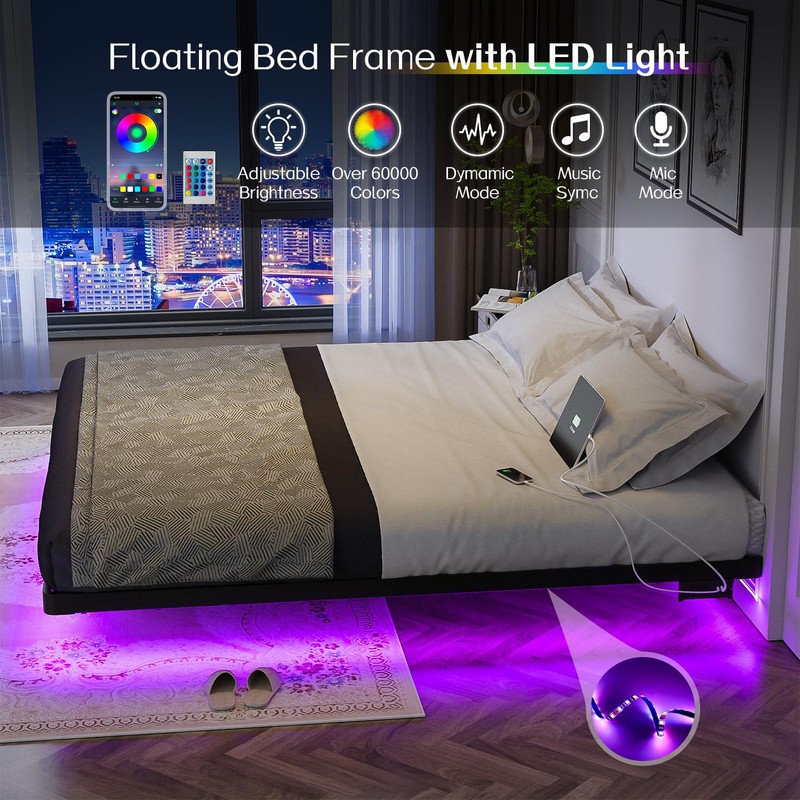 OLEVS King Size Floating Bed Frame, Metal Platform, with LED