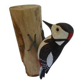 Purity Style Hand Carved and Painted Wooden Spotted Woodpecker Figurine, Ornament on a Log