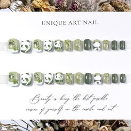 KKUUOO Cute Press on Nails Short Square Fake Nails Green False Nails with Panda Design Full Cover Glossy Acrylic Reusable Stick on Nails Jelly Press on Nails for Women and Girls Nail Art Decoration