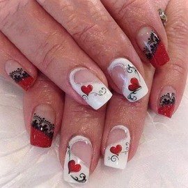 IMRAIN Valentine's Day Press on Nails Short Square Fake Nails Red Heart French Tips False Nails Full Cover Glue on Nails Glossy Squoval Stick on Artificial Nails for Women 24Pcs