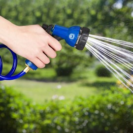Relaxdays Relaxdays Spiralschlauch Wasser, bis 10 m ausziehbar, flexibler Gartenschlauch mit Wasserbrause, 7 Strahlarten, blau, 25 x 52 x 15 cm