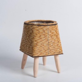 Rensimote Vintage Imitation Rattan Woven Flower Shelf Handmade Storage Basket with Wooden Legs Plant Pot Stand Holder Easy Install Easy to Use,A
