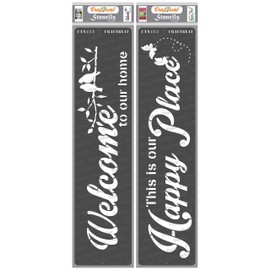 CrafTreat Home Stencils for Painting on Wood, Canvas, Paper, Fabric, Floor, Wall and Tile - Welcome to Our Home and This is Our Happy Place - 2 Pcs - 3x12 Inches Each - Reusable DIY Craft Stencils