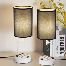 Dreamholder Table Lamp with 3 USB Charging Ports, Modern Desk Lamp with AC Outlet and Phone Stands, Perfect Bedside Lamp for Bedroom, Living Room, Office (Pack of 2), White&Black