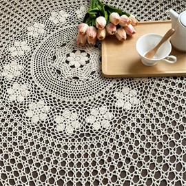 USTIDE Hand Crochet Round Tablecloth Beige 70" Cotton | Rustic Farmhouse Wedding Table Cover with Floral Lace Design, Handmade Decorative Overlay for Dining Kitchen