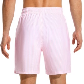 MOANOK Mens Swimming Trunks with Compression Liner Quick Dry 7 Inch Inseam Swimsuit with Zipper Pockets Lightweight Beach Shorts, Pink Vertical Bar/M09, XX-Large