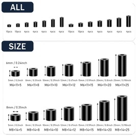 Pack of 80 round spacers, plastic, spacer sleeves, M6, M8, ABS spacers, plastic, round, black, insulation washers, non-threaded column spacers