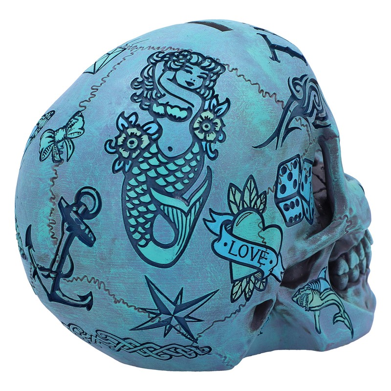 Nemesis Now Aqua Blue Traditional, Tribal Tattoo Fund Skull, Polyresin,