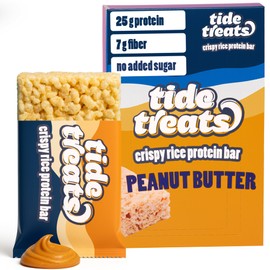 Crispy Rice Protein Treat Peanut Butter Bar | 25 g Protein, No Added Sugar, 7 g Fiber, Gluten Free | High Protein Snack for On-the-Go, Post-Workout or Dessert Cravings | 8 Count | TideTreats