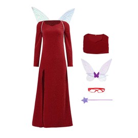 Seaehey Womens Fairy Costume Red Sequin Dress Wings Wand Glasses Outfit Cosplay for Adults (Red, Small)