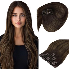 Sunny Hair Clip in Hair Extensions Straight Human Hair Clip in Extensions Remy Clip in Hair Extensions Real Human Hair Extensions Clip ins Dark Brown Ombre Medium Brown Balayage 18inch