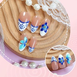 Mkwntg 30Pcs Blue Flower Press on Nails Medium Almond with 3D Gold Beads Design Polka Dots Floral French Tip Acrylic False Nails White Tips Full Cover Glossy Glue on Nails Stick on Nails for Women