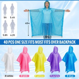 Zhehao 40 Pcs Rain Ponchos for Adult Homeles Bulk Reusable Raincoat with Drawstring Waterproof Plastic Raincoat for Men Women(White, Pink, Yellow, Purple, Blue)
