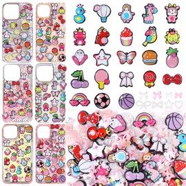 330 Pcs Junk Charms for Cases Pink, 3D Mix Assorted Acrylic Nail Charms, Cute Resin Cartoon Slime Charms, Multi Shapes Cartoon Bow Star Heart Junk Case Kit for DIY Crafts Accessories