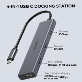 USB C Video Output Hub, Dual Monitor Docking Station Supports USB-C PD Monitor, Thunderbolt Splitter for Portable Screen, Video Output 4K@30-60Hz, 4 Port Gen2 10Gbps, PD 100W, with Type C Video Cable