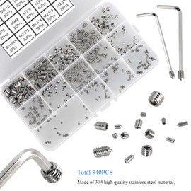 HanTof 340Pcs Metric M2.5/M3/M4/M5/M6/M8 304 Stainless Steel Allen Head Hex Socket Cone Point Set Screws,Internal Hex Drive Grub Screws,Tip Point Headless Set Screw Assortment Kit with 6 Hex Wrenches
