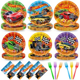 96PCS Hot Car Birthday Party Supplies Colorful Racing Cars Paper Plates and Napkins Race Car Tableware Party Decors for Kids Boys Baby Shower Hot Car Wild Racer Dinnerware Party Favors for 24 Guest