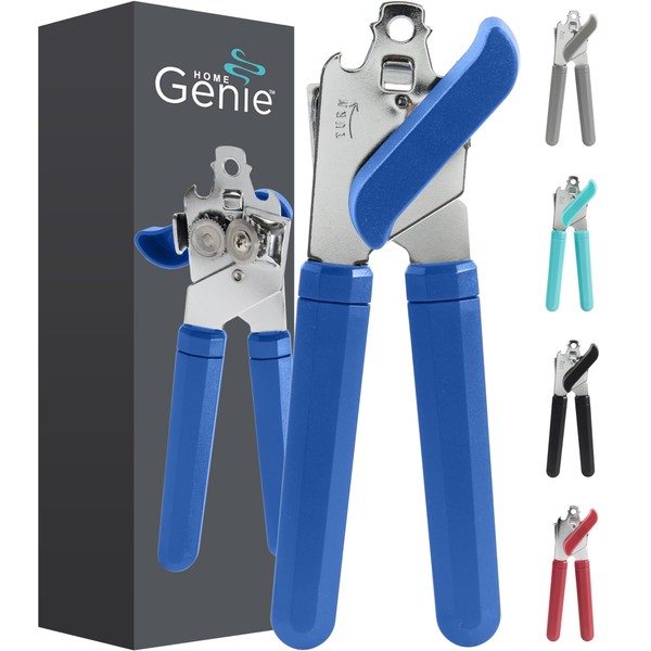 Home Genie Stainless Steel Blade and Rust Resistant Manual Can Opener, HandHeld Easy Turn Knob, Smooth Edge Cut on Lids, Large Handles with Bottle Top Openers, Kitchen Tool Accessories, Cobalt Blue