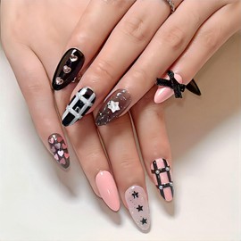 Rchovsam Black Pink Press on Nails Medium Almond Pink Black Sfumato Love Press Ons Bow Glue on Nails Black with Pearls Stick on Nails Gel Nails Kit for Womens 24pcs