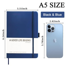 SAYEEC Lined Journal Notebook, 200 Pages Classic Hardcover Notebook with Pen Loop, A5 Ruled Journals for Writing Note Taking Office School, Premium Thick Paper with Inner Pocket (Black and Blue)