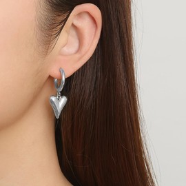 14K Gold Heart Hoop Dangle Earrings for Women Chunky Vintage Puffy Love Round Drop Earrings Hypoallergenic Heart Earrings Christmas Jewelry Gifts (Silver)