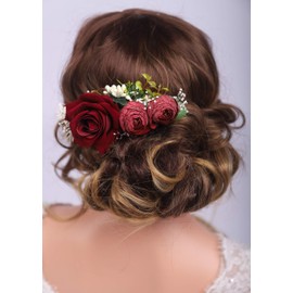 Kercisbeauty Red Rose Hair Comb for Brides Wedding Bridal Vintage Headband Burgundy Floral Comb Festival Headpiece Women Girls Party