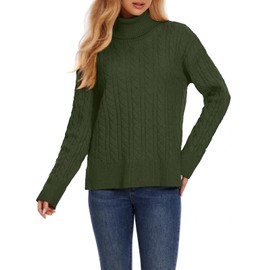 ZANZEA Turtleneck Sweater Women Long Sleeve Oversized Pullover Spilt Hem Chunky Cable Knit Jumper Fall Sweaters 2025 Army Green X-Large