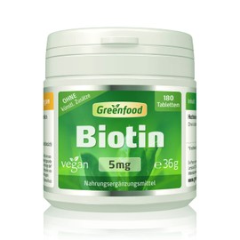 Greenfood - Biotin (Vitamin B7) - 5 mg - High Dose - 180 Vegan Capsules - The Beauty Vitamin for Beautiful Skin and Strong Hair - No Artificial Additives and No Genetic Engineering