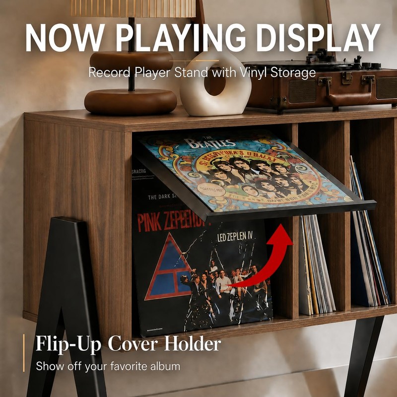Record Player Stand with Vinyl Storage Cabinet, 32'' Mid Century