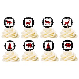 CakeSupplyShop Lumberjack Forest Animals Deer Fox Bear Tree Red & Black Buffallo Plaid Collection (12pack Cupcake Toppers)