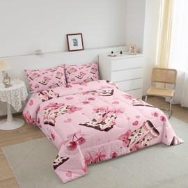 Feelyou Pink Western Decor Bedding Set Twin Size Cowboy Cowgirl Hats Comforter Set for Kids Boys Girls Decor Cute Bowknot Dreamy Princess Style Comforter Rodeo Cowboy Style Duvet Set