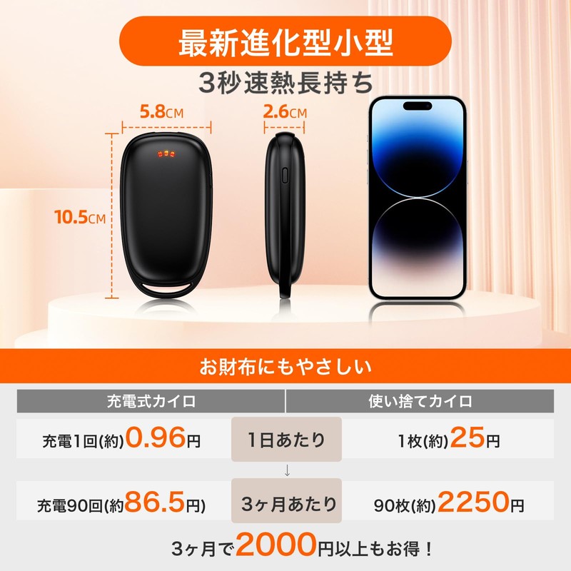 充電式カイロ 電気カイロ 電気あんか 薄型 小型 電熱カイロ 大容量 防寒グッズ 3階段温度調節 携帯バッテリー