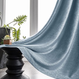 Melodieux Flower Embroidery Linen Blackout Blue Curtains for Living Room Bedroom Grommet Window Drape, White Flower, 100 by 96 Inch (1 Panel)