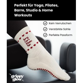 grippyglow Pilates, Yoga, Barre Non-Slip Socks for Women Made of Cotton with Heart-Shaped Grip - Beige Red - Size 36-41, Raffle Heart