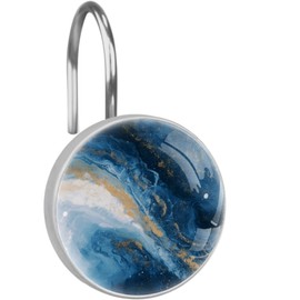 Starry Sky Blue Marble Shower Curtain Hooks Rings, Round 12 Pcs Resin Glass Shower Curtain Hangers for Bathroom, Rust Proof Stainless Steel Shower Hooks for Shower Curtain Rod