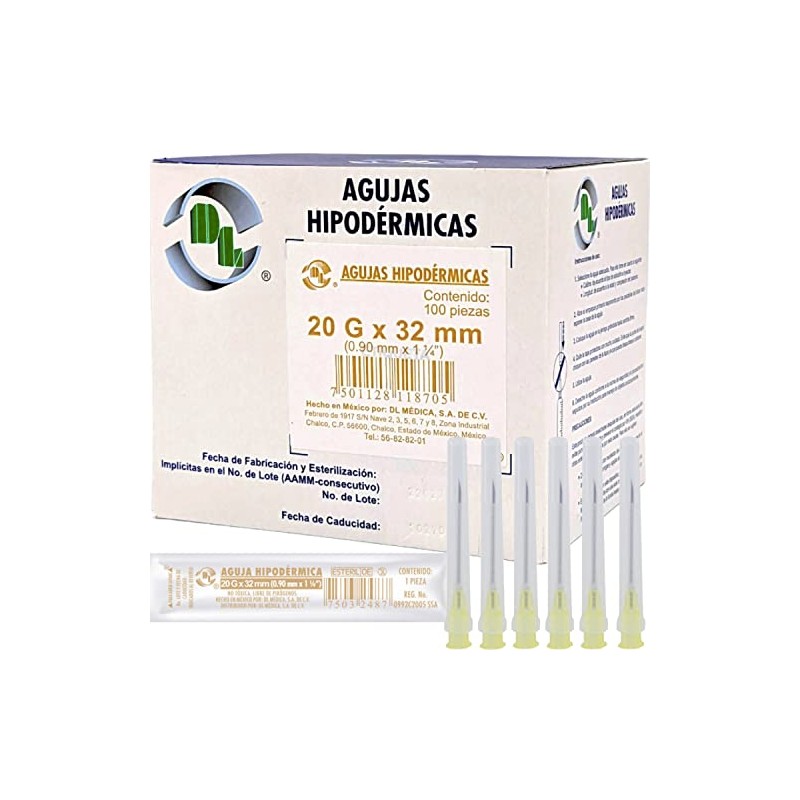 Caja 100 Agujas Hipodérmica Desechable Calibre 20G x 32 mm