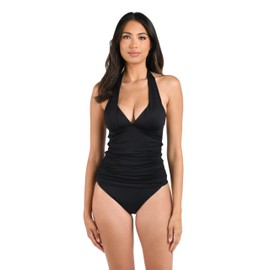 La Blanca Womens Island Goddess Rouched Front Halter Swimsuit Tankini Top, Black, 18 Plus