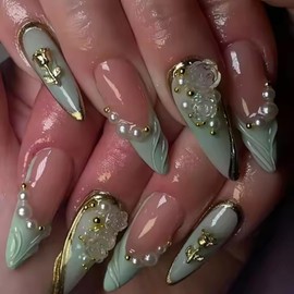 Green Press on Nails Long Almond Fake Nails with 3D Rose Flower Pearl French Tip Designs 24 Pcs Natural Reusable Acrylic Nail Full Cover Stick on Nail for Elegant Women Wedding Party No Glue WYFHDT