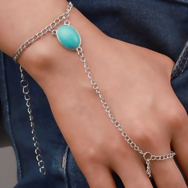 Inateannal Boho Turquoise Finger Ring Bracelet Silver Slave Bracelet Turquoise Finger Chain Bracelet Vintage Turquoise Hand Harness Chain Bracelet Jewelry for Women and Girls