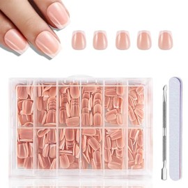 French Press on Nails,240 Pcs French Nude Color Fake Nails,12 Size Nude Color Short Square Glossy Full Cover Glue on Nails with Cuticle Pusher and Nail File,Coffin Nail Tips for Gel Extensions kit