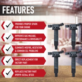 Juego de 4 bocinas de encendido, compatible con vehículos Toyota, Scion y Lexus, Camry, Corolla, Solara, tC, xB, HS250h y más modelos de 2.0L, 2.4L, sustituye a 90919-02244, UF333, modelos de año 2001-2012