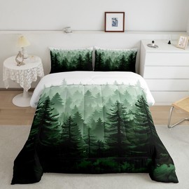 Feelyou Fog Forest Comforter Botanical Pine Trees Comforter Set for Boys Girls Watercolor Green Bedding Set Room Decor King Size Bedspread Cover 3Pcs Boys
