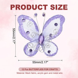 PATIKIL 12Pcs Butterflies for Crafts, 2.2" Mesh Wire Glitter Butterfly Organza Butterflies for DIY Craft Home Decor Clothing Wedding Decoration, Light Purple