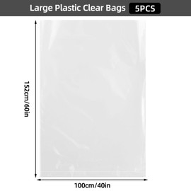 Pack of 5 Extra Large Transparent Storage Bags, 100 x 150 cm Large Plastic Bags, Reusable Moving Bags for Duvets, Clothes, Comforters, Suitcases, Large Plush Toys