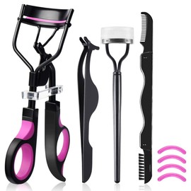 Rizador de pestañas 4 en 1 para mujer, incluye rizador de pestañas, cepillo de pestañas, pinzas de extensión de pestañas, cepillo de cejas y peine, almohadillas de repuesto de silicona para pestañas naturales