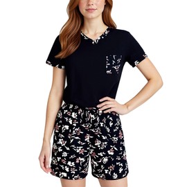 LANBAOSI Women's Pyjamas Set Soft Short Sleeve Printed Sleepwear Cosy Pjs V-Neck Loungewear with Pockets & Flowers Design Nightwear for Ladies Navy